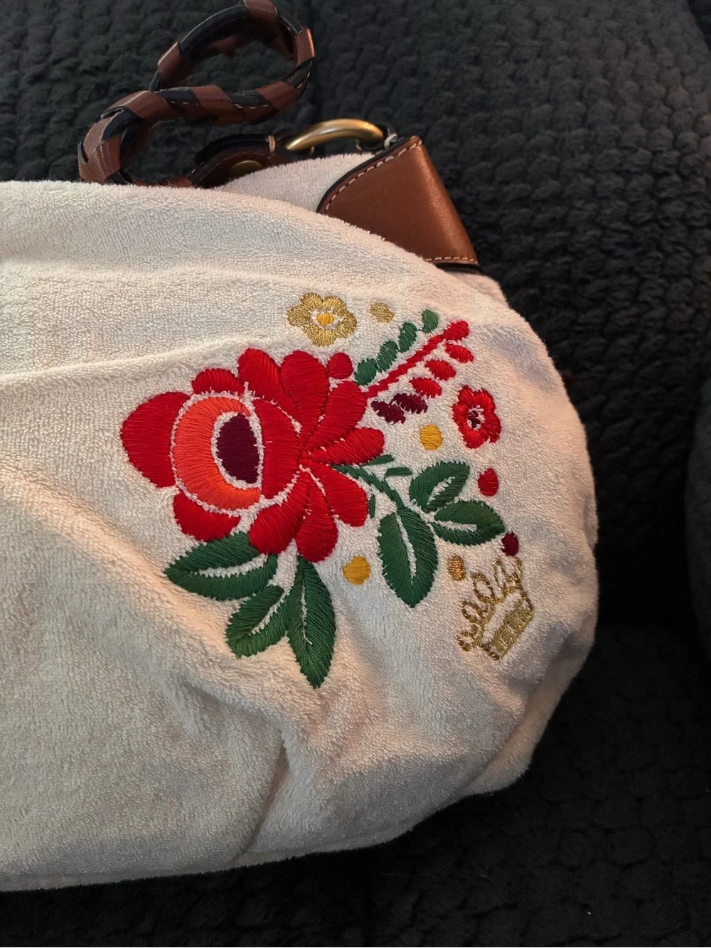 Juicy Couture Cream Embroidered Floral Shoulder Bag with Brown Braided Strap